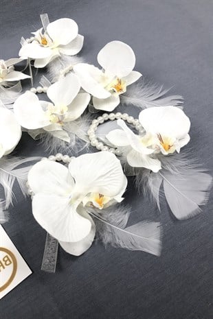 Orchid Flower Feather Bridesmaid Bracelet Set