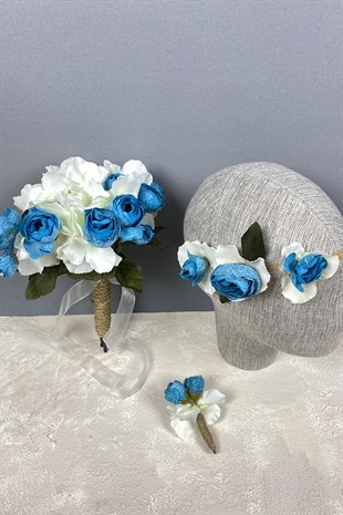 Bridal Hand Bouquet with Hydrangea Peony Hair Accessory and Boutonniere