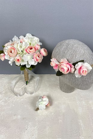Bridal Hand Bouquet with Hydrangea Peony Hair Accessory and Boutonniere