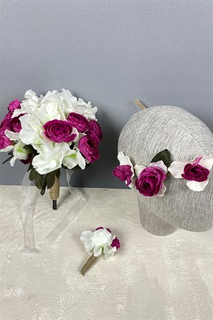 Bridal Hand Bouquet with Hydrangea Peony Hair Accessory and Boutonniere