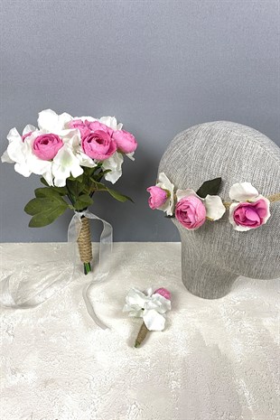 Bridal Hand Bouquet with Hydrangea Peony Hair Accessory and Boutonniere