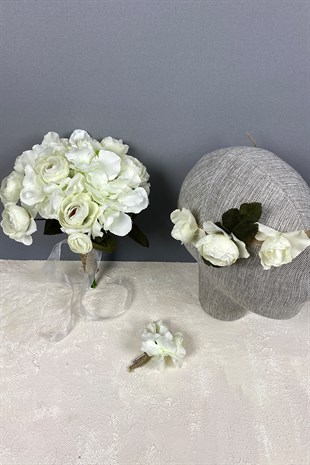 Bridal Hand Bouquet with Hydrangea Peony Hair Accessory and Boutonniere