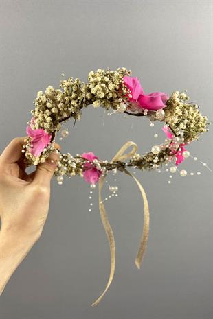 Ortanca Ve Şoklanmış Cipso Kuru Çiçekli İncili Gelin Tacı