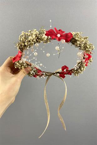 Ortanca Ve Şoklanmış Cipso Kuru Çiçekli İncili Gelin Tacı