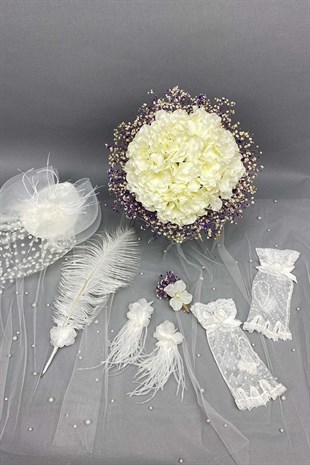 Bridal Bouquet with Hydrangea, Wedding Hat and Bridal Gloves Set