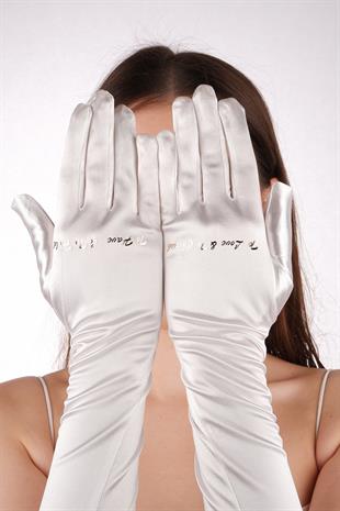 Özel Baskılı Saten Gelin Eldiveni