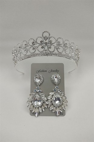 Papatya Desenli Gelin Tacı Ve Damla Mekik Taşlı Küpe