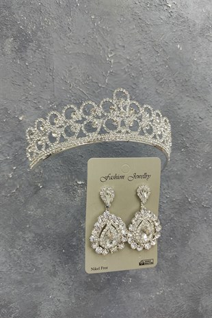 Papatya Desenli Gelin Tacı Ve Mekik Taşlı Küpe