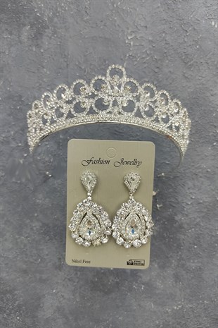 Papatya Desenli Gelin Tacı Ve Mekik Taşlı Küpe