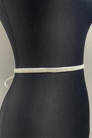 حزام فستان سهرة لامع من حجر Beyoğlu بثلاثة أسطر