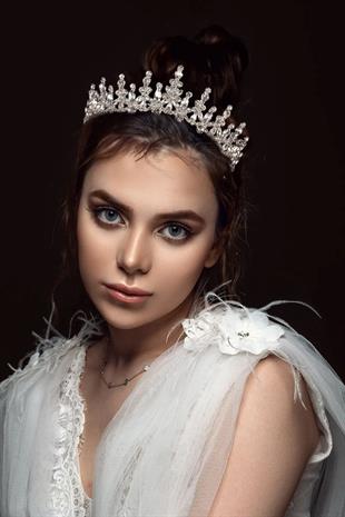 Parlak Mekik Taşlı Gelin Tacı Kına Gecesi İçin Kostüm Tacı Gümüş