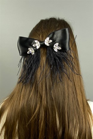 Parlak Taşlı Tüylü Fiyonk Saç Tokası Aksesuar