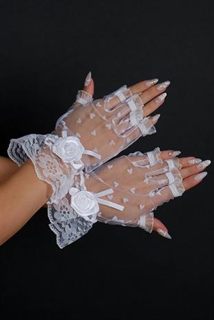 Parmaksız Dantel Gelin Eldiveni Puantiyeli Kısa Nikah Abiye Aksesuar