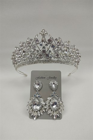 Pegasi Model Gelin Tacı Ve Damla Mekik Taşlı Küpe