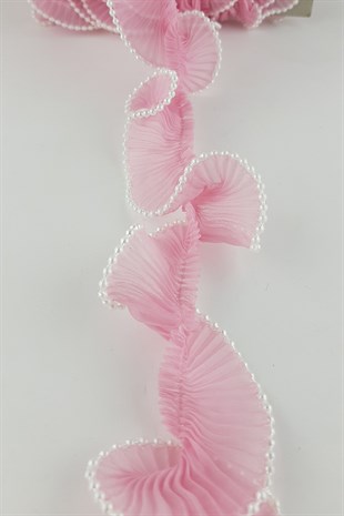 Pembe  İncili Plise Fırfır