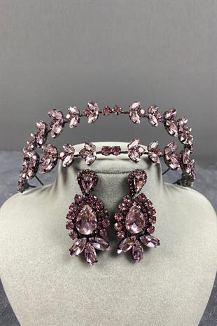 Pink Alpha Double Row Bridal Henna Tiara and Drop Earrings Set