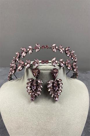 Pink Alpha Double Row Bridal Henna Tiara and Stud Earrings Set