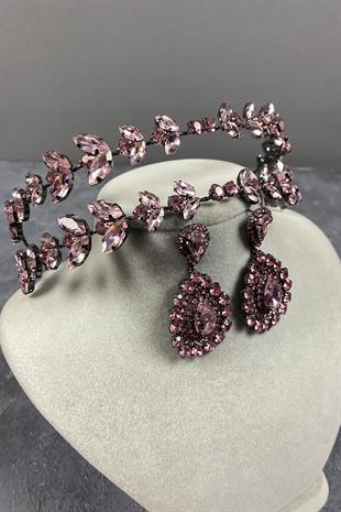 Pink Alpha Double Row Bridal Henna Tiara and Earrings Set