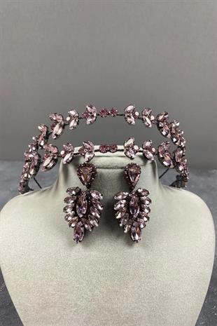 Pembe Alfa Çift Sıra Gelin Kına Tacı Ve Mekikli Küpe Seti