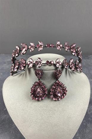 Pink Alpha Double Row Bridal Henna Tiara and Earrings Set