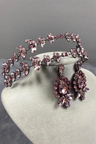 Pink Alpha Double Row Bridal Henna Tiara and Drop Earrings Set