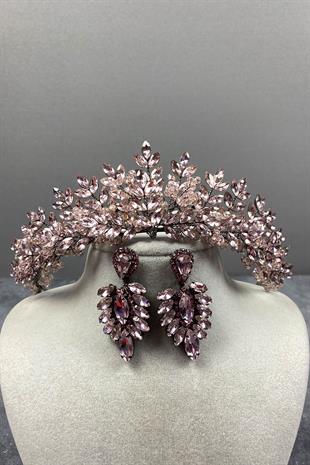 Pink Asleny Beads Embroidered Bridal Henna Tiara and Stud Earrings Set