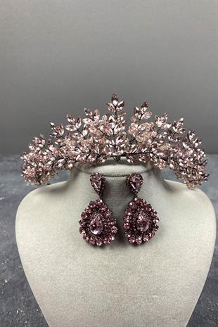 Pembe  Asleny Boncuk İşlemeli Gelin Kına Tacı Ve Taşlı Küpe Seti