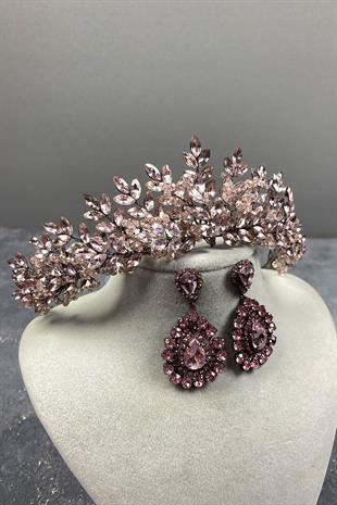 Pembe  Asleny Boncuk İşlemeli Gelin Kına Tacı Ve Taşlı Küpe Seti