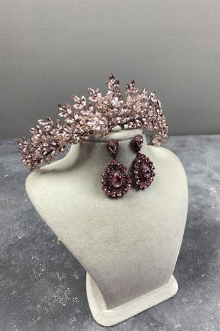 Pembe  Asleny Boncuk İşlemeli Gelin Kına Tacı Ve Taşlı Küpe Seti