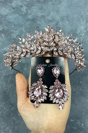 Pink Asleny Beads Embroidered Bridal Henna Tiara and Earrings Set