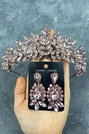 Pink Original Bead Embroidered Bridal Henna Tiara and Stud Earrings Set