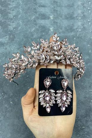 Pink Asleny Beads Embroidered Bridal Henna Tiara and Stud Earrings Set