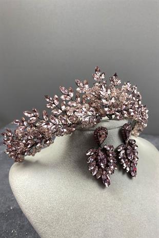Pink Asleny Beads Embroidered Bridal Henna Tiara and Stud Earrings Set