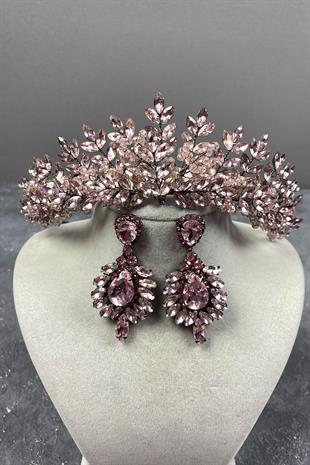 Pink Asleny Beads Embroidered Bridal Henna Tiara and Earrings Set