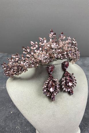 Pink Asleny Beads Embroidered Bridal Henna Tiara and Earrings Set