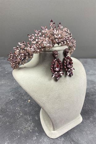 Pink Original Bead Embroidered Bridal Henna Tiara and Stud Earrings Set