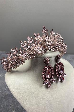 Pink Original Bead Embroidered Bridal Henna Tiara and Stud Earrings Set