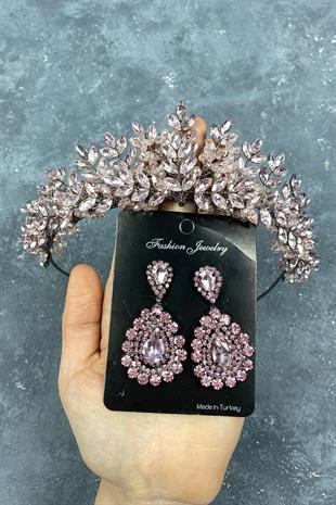 Pembe  Asleny Boncuk İşlemeli Gelin Kına Tacı Ve Taşlı Küpe Seti