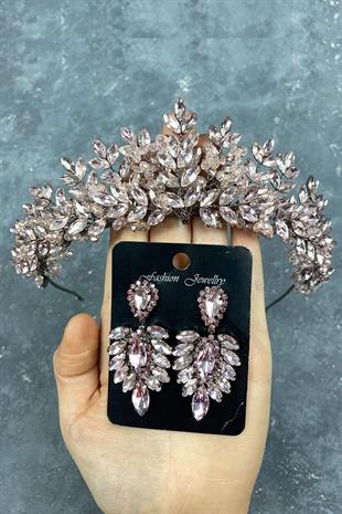 Pink Asleny Beads Embroidered Bridal Henna Tiara and Stud Earrings Set