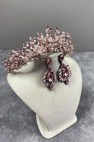 Pink Asleny Beads Embroidered Bridal Henna Tiara and Earrings Set