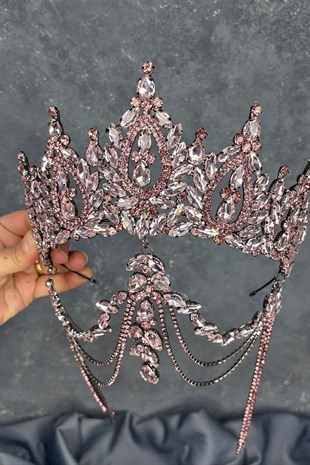 Pembe BalcaYüksek Alınlık Sallantılı Gelin Kına Tacı