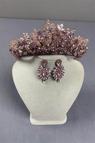 Boncuk İşlemeli Akbahar Gelin Kına Tacı Ve İnce Mekik Küpe