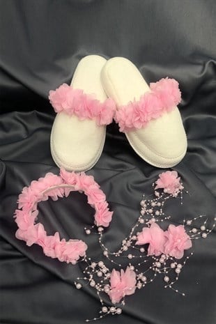 Pink Floral Postpartum Slippers and Crown with Pearls
