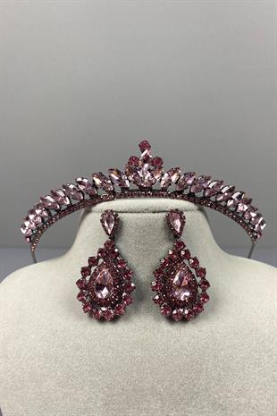 Pink Ece Bridal Henna Crown and Drop Stone Earring Set