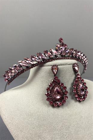 Pink Ece Bridal Henna Crown and Drop Stone Earring Set
