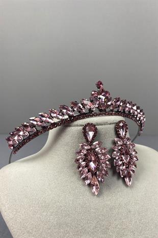 Pink Ece Bridal Henna Crown and Fine Shuttle Stone Earring Set