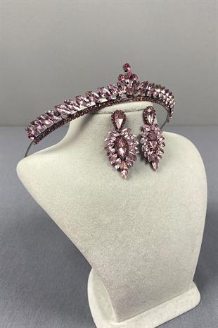 Pink Ece Bridal Henna Crown and Fine Shuttle Stone Earring Set