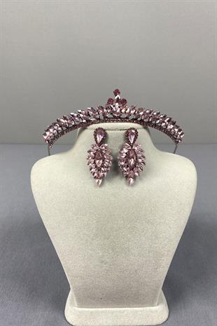 Pink Ece Bridal Henna Crown and Fine Shuttle Stone Earring Set