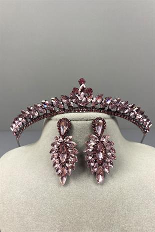 Pink Ece Bridal Henna Crown and Fine Shuttle Stone Earring Set