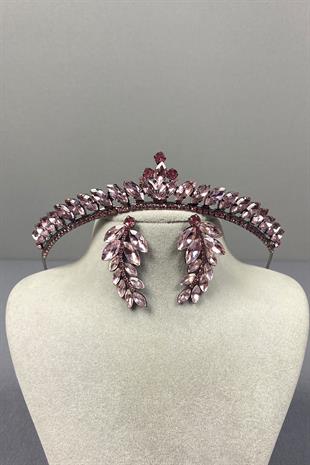 Pink Ece Bridal Henna Crown and Leaf Stone Earring Set